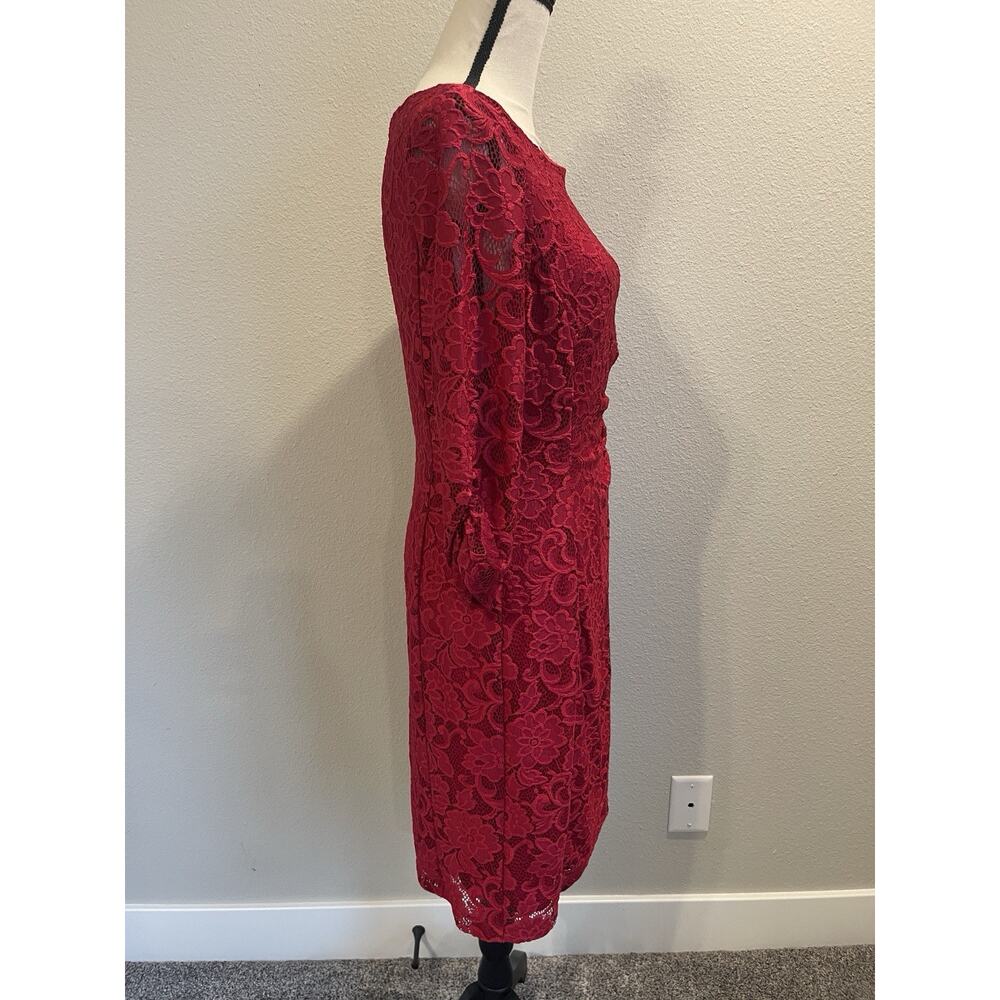Tahari Arthur Levine Sz 10 Red Lace Cocktail Dress Side Sleeve Ruching Lined - Picture 4 of 11